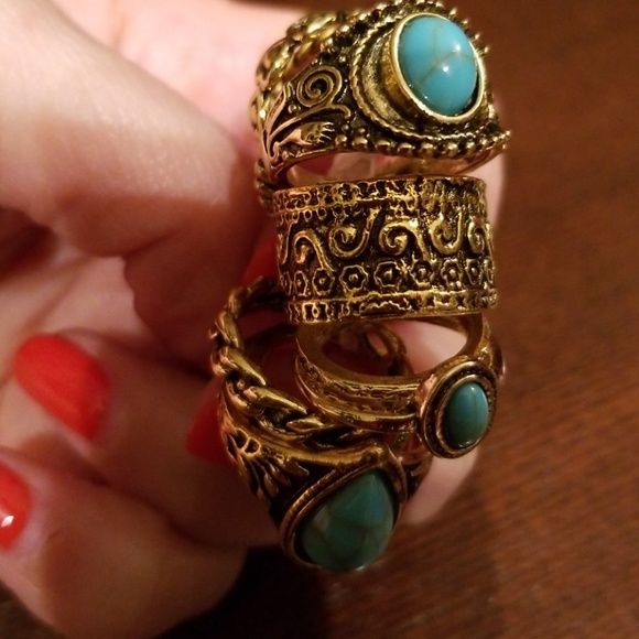 LAST 1🆕️10pc/set Bohemian gold/turquoise ring set - Picture 4 of 5